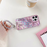 Iridescent Pink Holographic Leopard Print with Wrist Chain Trendy Phone Case for iPhone 16 15 14 13 Pro Max Back Cover Capa