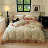 100% Cotton Korean Princess Style Flower Print Ruffles Bedding Set Queen Size Duvet Cover Flat/Fitted Bed Sheet Pillowcases 4Pcs