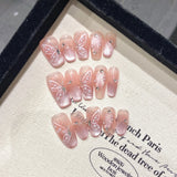 10pcs Handmade Pink Gradient Cat's Eye Fake Nails With Pearl Diamond Decor Butterfly Charming False Nails Press On Acyrlic Nails