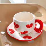 340ML Hand Pinched Irregular Ceramic Mug Red Love heart pattern Coffee Cup with Saucer Set Afternoon Tea Cup holiday gifts