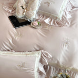 Organza Lace Ruffles Butterfly Embroidery Bedding Set Lyocell Cotton Soft Silky Duvet Cover Flat/Fitted Bed Sheet Pillowcases