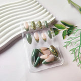 3D Flower Acrylic Fake Nail Press on Nails Glossy Green Glitter Stick on Fingernail French Tips Medium Almond False Nails 24Pcs