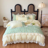 4Pcs Korean Princess Style Luxury Haute Couture Chiffon Lace Ruffle Queen/King Size Quilt Cover Bed Skirt Double Bedspreads