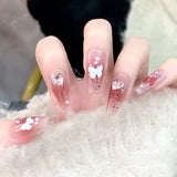 24Pcs Sweetheart Gradient Pink Pattern Design False Nail French Coffin Full Cover Fake Nails Glue DIY Manicure Nail Art Tools