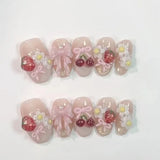 10pcs Sweet Summer Almond False Nail Cute 3D Fruit Strawberry Stick on Nails Mini Flower Fake Nails French Pearls Press on Nails