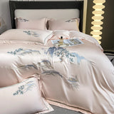 4Pcs New Chinese Style Landscape Embroidery Luxury Bedding Set Silky Duvet Cover Set Soft Quilt Cover Set Bed Sheet Pillowcases