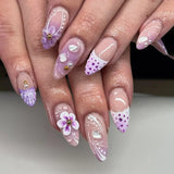 24pcs Pink Almond False Nail Art Datachable Cute Cherry Bow Design Nails Sets Press on Mid-length French Fake Nails Tip Finished