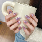 10pcs Glossy Handmade Fake Nails Glitter Purple Coffin Press on Nails Golden Lines with Cat Eye Butterfly Design False Nails Tip