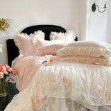 4Pcs Pink Romantic Lace Ruffles Princess Wedding Bedding Set 100% Cotton Duvet Cover Bed Sheet Or Quilted Bedspread Pillowcases