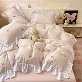 French Princess Lace Ruffles Bedding Set Washed Cotton Skin-friendly Duvet Cover Set with Sheet Soft Printed Flowers Quilt Cover