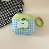 Cartoon Cute Green Apple DIY Grid Pattern Silicone Earphone Case For AirPods 1 2 3 4 Pro 2 Soft Protection Cover With Keychain