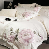 White Egyptian Cotton Bedding Set Luxury Flowers Embroidery Duvet Cover Sets Fitted Bed Sheets Pillowcases Home Textiles