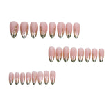 24Pcs Mid-length Almond Wearable Fake Nails Pink Cat's Eye French Press on False Nails 3D Gilded Flower Fake Nails Press on