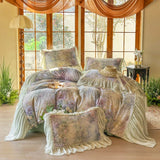 100% Cotton Double-layer yarn Bedding Set Vintage Chic Flowers Wide Chiffon Ruffle Edge Duvet cover Bed Sheet Pillowcases 4Pcs