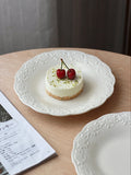 White Relief Dining Plate French Household Ceramic Round Plates Solid Color Dessert Flower Dish Simple Versatile Tableware