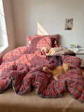Thiened Red Plaid Autumn Winter Milk Velvet Bedding Set Double Sided Fce 8M Bus Retro Moonlight Bedding Cover Quilt