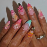 24Pcs 3D Flower Pearl Press on Nails Short Almond Acrylic False Nails Blush Pink Sweet Cool Fake Nails French Summer Nail Art