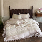 4Pcs Lyocell Soft Silky Cooling Vintage Lace Ruffles Floral Prints Bedding Set Duvet Cover Bed Sheet/Fitted Sheet Pillowcases