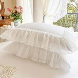 4/6Pcs White Pink Sweet Princess Wedding Bedding Sets Luxury Chiffon Lace Ruffle Duvet Cover Set Bedspread Bed Skirt Pillowcases
