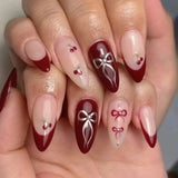 24pcs Pink Almond False Nail Art Datachable Cute Cherry Bow Design Nails Sets Press on Mid-length French Fake Nails Tip Finished
