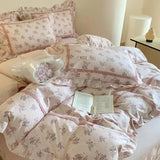 4Pcs Korean Princess Style Floral Ruffles 100% Cotton Bedding Set Queen King Size Duvet Cover Bed Sheet/Fitted Sheet Pillowcases