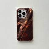 Retro Fashion Brown Smudging Silk Satin Texture Glossy Protective Phone Case Cover for iPhone 17 16 15 14 13 Pro Max