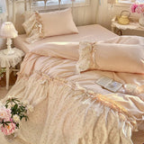 3/4Pcs Bedding Set French-Inspired, Girly, Princess-Style Bows and Lace Pink Duvet Cover Pillowcase Bedding Full Set Double Bed