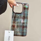 For IPhone 11 12 13 14 15 16 Pro Max X XR XS Max 7 8 Plus SE 2022 2020 Retro Brown Blue Checkered Pattern Clear Phone Case Cover