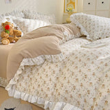 Princess Style Lace Ruffles Bedding Set Purple Tulips Duvet Cover and Flat Sheet Pillowcases Girls Romantic Floral Home Textiles