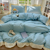 Striped Ruffles Duvets Cover Sets Single/Queen Size Bed Cover Set Skin-friendly Soft funda nordica 150 cama Blue Color
