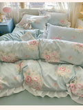 4Pcs Korean Princess Style Floral Ruffles Bedding Set Single Queen Size Soft Skin-friendly Washed Cotton Duvet Cover Pillowcase