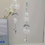 INS Korea Pearl Bow Knot Heart Charm Phone Pendant Crystal Wristband Keychain Bracelet Lanyard Cord