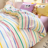 4pcs Simple Color Stripes Duvet Cover Set Cute Green Pink Bedding Big Eye Pattern Pillowcases Comforter Cover with 1 Bed Sheet