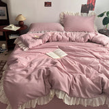 Korean Princess Style Lace Ruffles Soft Washed Cotton Skin-friendly Bedding Set Duvet Cover Bed Sheet/Fitted Sheet Pillowcases