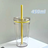 Portable Transparent Straw Cup 450ml Bubble Tea & Coffee Cup Office Water Bottles Food-Grade Plastic Beverage Cup