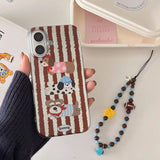 Korea Brown Stripe Texture Lovely Dog  Pattern Cover Case for iPhone 13 14 15 16 Pro Max Non-slip Anti fall Bracelet Phone Shell