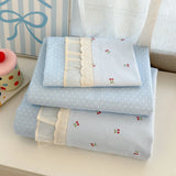 3pcs cotton Duvet Cover Set (1 Duvet Cover + 1 Pillowcase+1 flatsheet), Blue floral ruffled Bedding Set Soft Comfortable