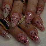 24pcs Pink Almond False Nail Art Datachable Cute Cherry Bow Design Nails Sets Press on Mid-length French Fake Nails Tip Finished