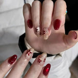 24pcs Red French Press on Nails Almond False Nails 3D Flowers Stick on Nails Sweet Cool Golden Line Nail Rhinestone Fake Nail