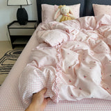 Korean Pink Gingham Bedding Sets With Cherry Cute Girls Striped Duvet Cover Wash Cotton Soft Bed Sheet Set Quilt Cover