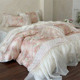 Flowers Print Lace Ruffles Princess Bedding Set Lyocell Soft Silky Duvet Cover Bed Sheet/Bed Skirt/Fitted Sheet Pillowcases 4Pcs