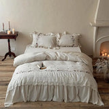 Vintage French Large Lace Ruffles Floral Embroidery Linen Cotton Bedding Set Duvet Cover Flat/Fitted Bed Sheet Pillowcases 4Pcs