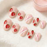 Cute Sweet Strawberry Fake Nail Patch Wearable Full Cover for Girl Press on Nail Tips Short Glossy Oval Fake Nails 24Pcs
