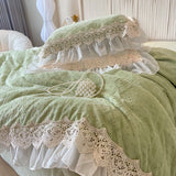 4Pcs Vintage Carved Velvet Lace Ruffles Princess Wedding Bedding Set Queen King Duvet Cover Set Fitted/Flat Sheet Pillowcases