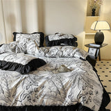 Washed Cotton Bedding Sets With Lace Black Printed Four Piece Set Bedroom Decor Duvet Cover Pillowcase Bedspread Bed Cover Sets