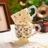 430ml Floral Ceramic Mug Large Capacity Breakfast Cup Couples Water Cups Holiday Gift for Girlfriend Office Water Handgrip Cup
