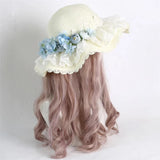 Mori Girl Flower Lace Ribbon Lolita Straw Hat Elegant Princess Lolita Flat Cap Sun Beach Cap