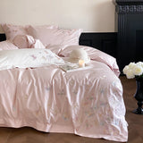 4Pcs White/Pink Luxury Butterfly Embroidery Bedding Set 1000TC Egyptian Cotton Duvet Cover Bed Sheet/Fitted Sheet Pillowcases