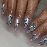 French Almond False Nails Retro Flowers Wearable Hand Drawn Press on Nails for Woman Datachable Full Cover False Nails Tips