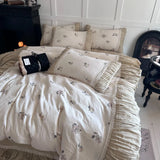 Flowers Prints Pleated Ruffles Princess Bedding Set 100% Cotton Double Layer Yarn Duvet Cover Quilted Bedspread Pillowcases 4Pcs